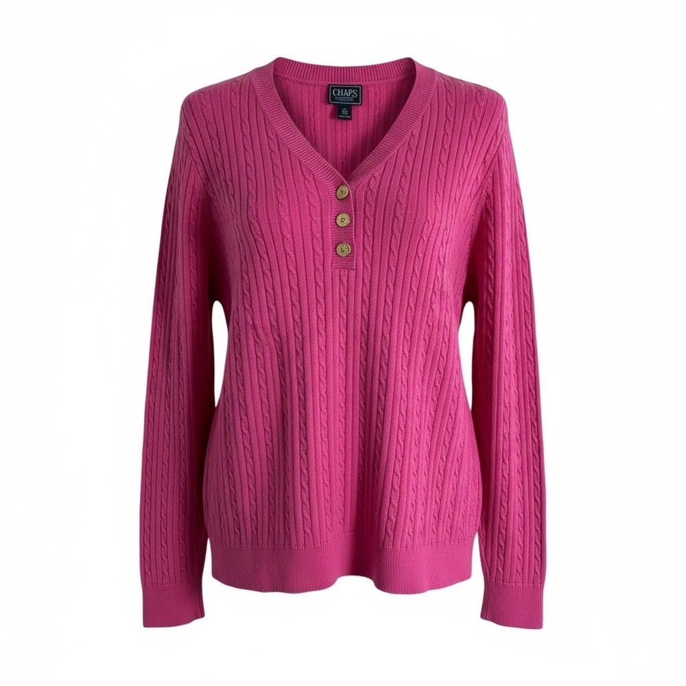 Chaps Classic Ladies Pink Cable Knit Sweater Preppy Timeless V Neck Sz 2x